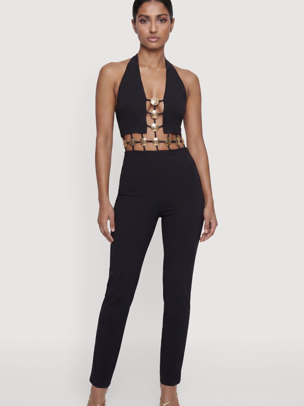 Rainbow Black Halter Jumpsuit with Gold Chain Accents